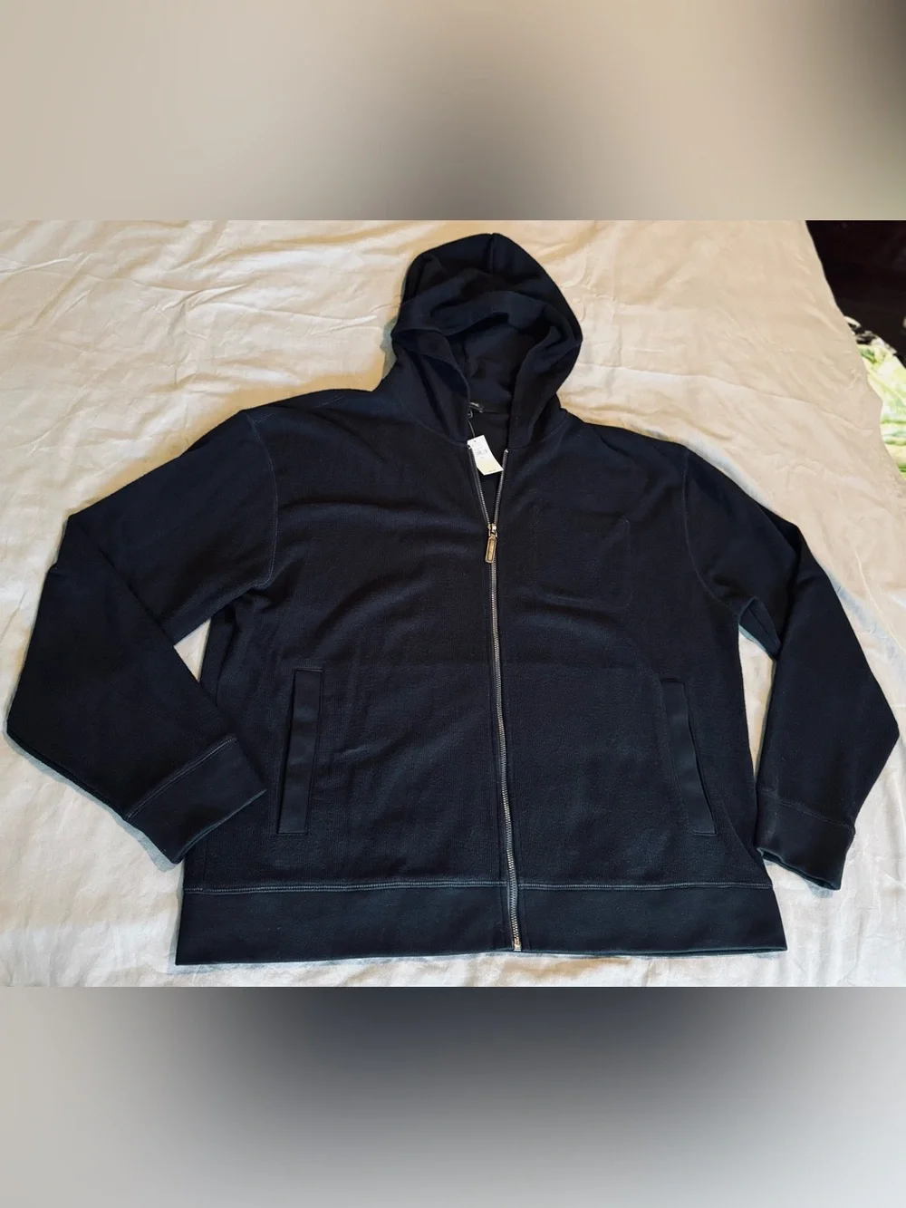 BANANA REPUBLIC Mens Brushed Waffle Lightweight Black Zip-Up Hoodie Jacket